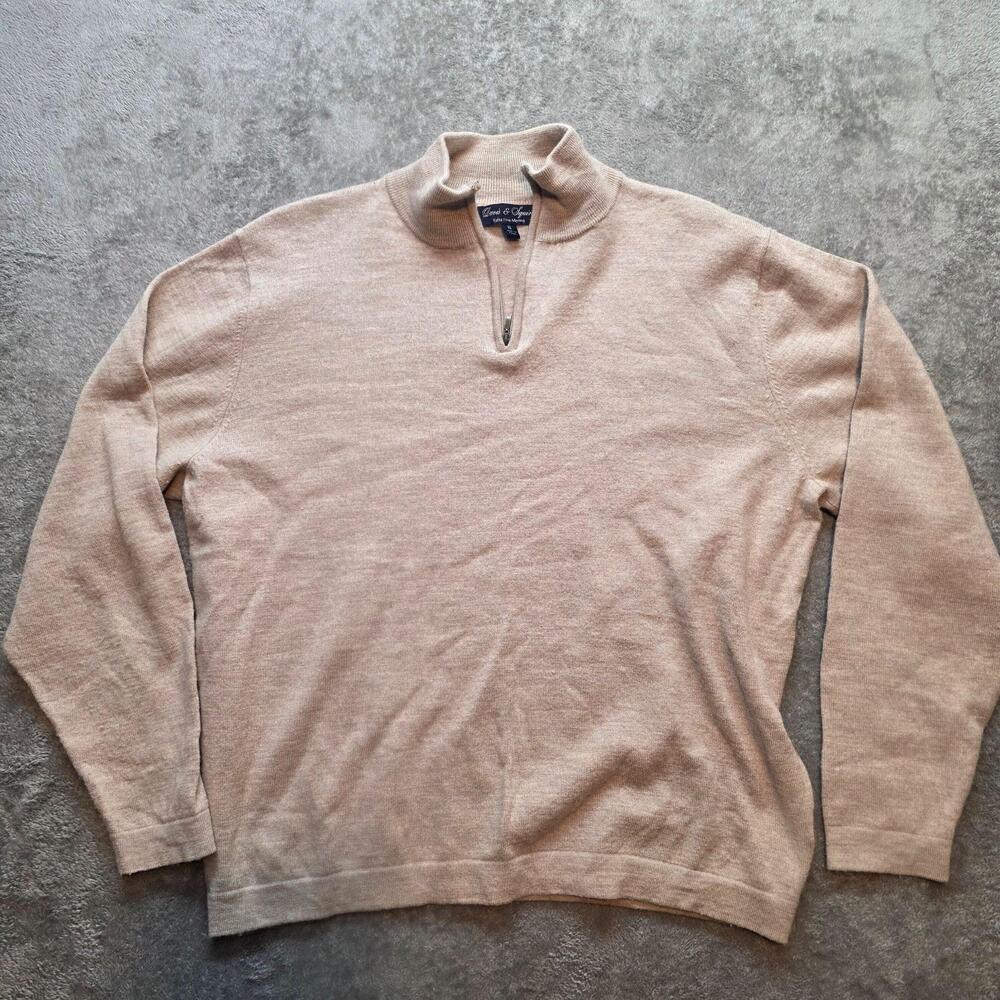 Davis & Squire Sweater Mens XL Beige 1/4 Zip Mock Neck Merino Wool Pullover